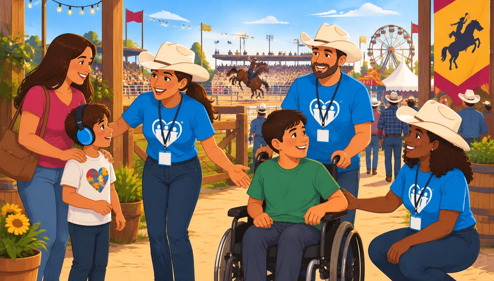 Voluntários de camiseta azul acolhendo famílias, uma criança com abafador de ruído e um jovem em cadeira de rodas, na feira do rodeio